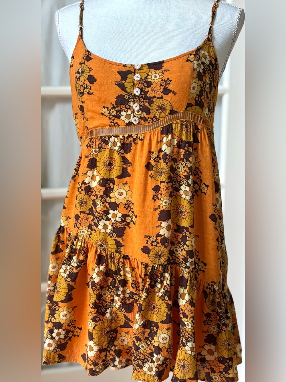 Urban Outfitters Orange Floral Tiered Spaghetti-Strap Mini Dress